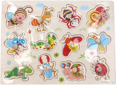 DŘEVO Vkládačka hmyz puzzle vkládací 12 dílků s úchyty na desce