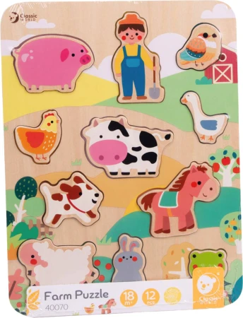 DŘEVO Vkládačka zvířátka farma 12 dílků puzzle vkládací na desce