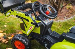 Falk Šlapací traktor 1010W Claas Axos s nakladačem, rypadlem a vlečkou