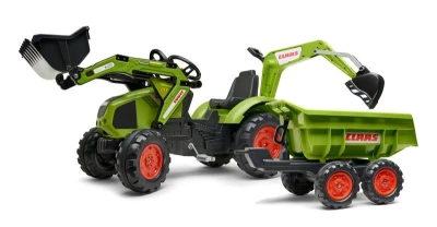 Falk Šlapací traktor 1010W Claas Axos s nakladačem, rypadlem a vlečkou Falk Šlapací traktor 1010W Claas Axos s nakladačem, rypadlem a vlečkou