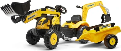 Falk Šlapací traktor 2076N Komatsu s nakladačem, rypadlem a vlečkou - žlutý Falk Šlapací traktor 2076N Komatsu s nakladačem, rypadlem a vlečkou - žlutý