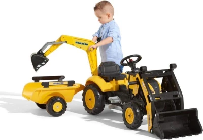 Falk Šliapací traktor 2076N Komatsu s nakladačom, rýpadlom a vlečkou - žltý