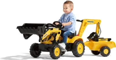 Falk Šliapací traktor 2076N Komatsu s nakladačom, rýpadlom a vlečkou - žltý