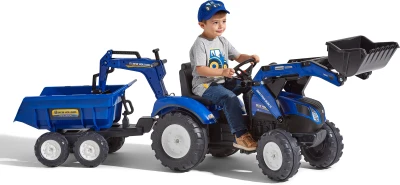 Falk Šlapací traktor 3090W New Holland T8 s nakladačem, rypadlem a maxi vlečkou