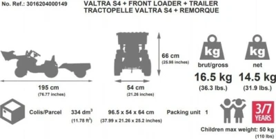 Falk Šlapací traktor 4000 VALTRA S4 s předním nakladačem a vlečkou