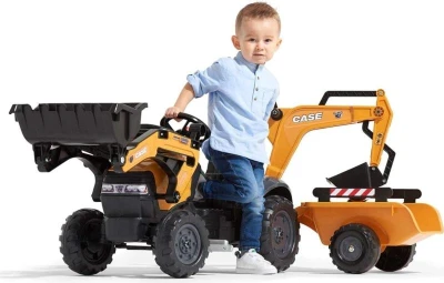 Falk Šlapací traktor 967N Case CE s nakladačem, rypadlem a vlečkou