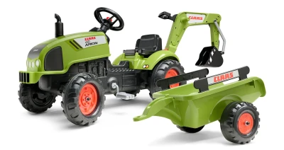 Falk Šlapací traktor Claas Arion 410 s rypadlem a vlečkou