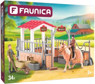 FAUNICA Malá stáj herní set 2 figurky s koněm a doplňky plast FAUNICA Malá stáj herní set 2 figurky s koněm a doplňky plast