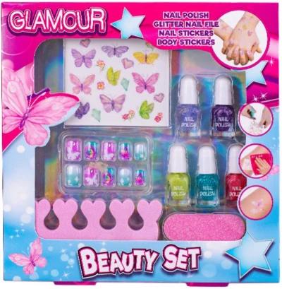 Glamour dětská sada krásy s laky na nehty, pilníkem a samolepkami v krabici Glamour dětská sada krásy s laky na nehty, pilníkem a samolepkami v krabici