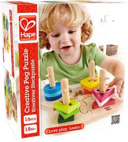 Hape DŘEVO Baby puzzle kreativní navlékací na tyčce (dřevěná hračka)