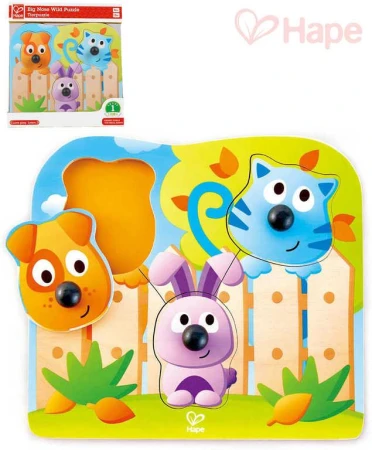 Hape DŘEVO Baby puzzle vkládací s úchyty domácí zvířátka 3 dílky na desce Hape DŘEVO Baby puzzle vkládací s úchyty domácí zvířátka 3 dílky na desce