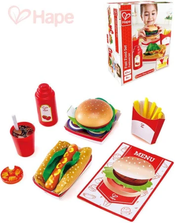 Hape DŘEVO Fast Food set makety potravin 27 dílků rychlé občerstvení Hape DŘEVO Fast Food set makety potravin 27 dílků rychlé občerstvení