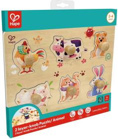 Hape DŘEVO Puzzle baby vkládací Farma s úchyty 12 dílků na desce