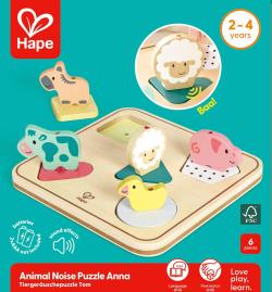 Hape DŘEVO Puzzle baby vkládací Zvířátka 5 dílků na baterie Zvuk
