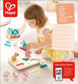 Hape DŘEVO Puzzle baby vkládací Zvířátka 5 dílků na baterie Zvuk