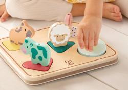 Hape DŘEVO Puzzle baby vkládací Zvířátka 5 dílků na baterie Zvuk