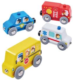 Hape DŘEVO Vláček městská vozidla baby set 4 autíčka