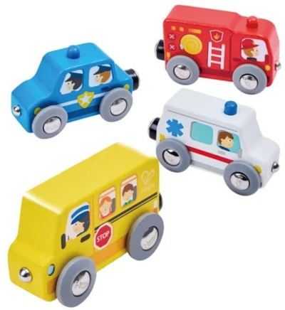 Hape DŘEVO Vláček městská vozidla baby set 4 autíčka Hape DŘEVO Vláček městská vozidla baby set 4 autíčka