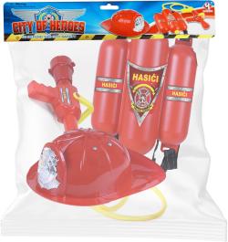 Hasicí přístroj dětský s pistolí na vodu set s přilbou plast v sáčku