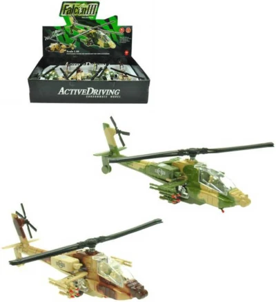Helikoptéra vojenská 20cm na baterie zpětný chod Světlo Zvuk 2 barvy kov Helikoptéra vojenská 20cm na baterie zpětný chod Světlo Zvuk 2 barvy kov