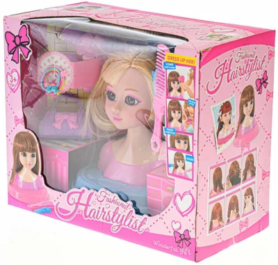 Hlava česací blondýnka 19cm set s kadeřnickými doplňky v krabici