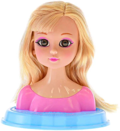 Hlava česací blondýnka 19cm set s kadeřnickými doplňky v krabici