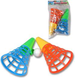 Hra catch ball set 2 vystřelovací košíčky s míčkem chytání míčků v sáčku