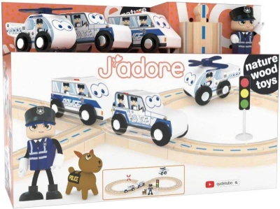 JADORE DŘEVO Policejní herní set s kolejemi 25 dílků (dřevěná hračka)