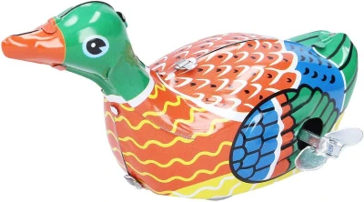 Kachna natahovací retro kovová 10cm na klíček v krabici
