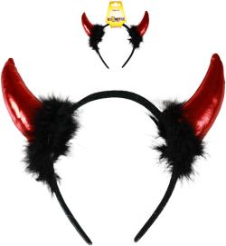 KARNEVAL Čertí rohy s peřím čelenka (karnevalový doplněk)
