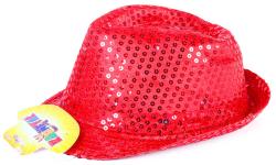 KARNEVAL Klobouk disco červený s flitry na baterie barevné LED Světlo
