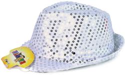 KARNEVAL Klobouk disco stříbrný s flitry na baterie barevné LED Světlo