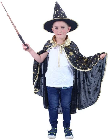 KARNEVAL Plášť kouzelnický černý + klobouk vel.S (104-128cm) 3-8 let KOSTÝM