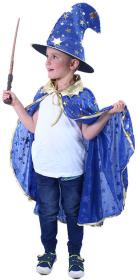 KARNEVAL Plášť kouzelnický modrý + klobouk vel.S (104-128cm) 3-8 let KOSTÝM