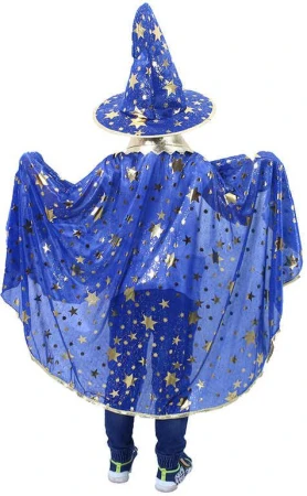 KARNEVAL Plášť kouzelnický modrý + klobouk vel.S (104-128cm) 3-8 let KOSTÝM