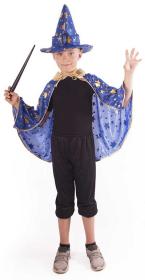 KARNEVAL Plášť kouzelnický modrý + klobouk vel.S (104-128cm) 3-8 let KOSTÝM