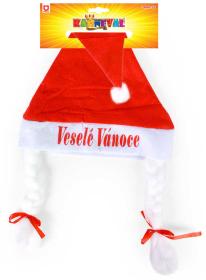KARNEVAL Vánoční čepice s copy Veselé Vánoce (karnevalový doplněk)