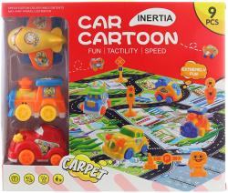 Koberec hrací město + 3 dopravní prostředky na setrvačník s doplňky