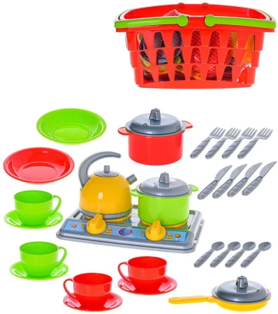 Kuchyňský set dětské nádobí s vařičem v nákupním košíku plast Kuchyňský set dětské nádobí s vařičem v nákupním košíku plast