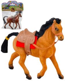 Kůň fliškový se sedlem a otěžemi 13cm dlouhá hříva flíska