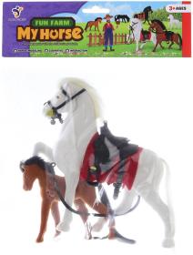 Kůň se sedlem a otěžemi fliškový set s hříbátkem 3 druhy flíska