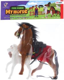 Kůň se sedlem a otěžemi fliškový set s hříbátkem 3 druhy flíska