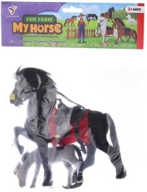 Kůň se sedlem a otěžemi fliškový set s hříbátkem 3 druhy flíska