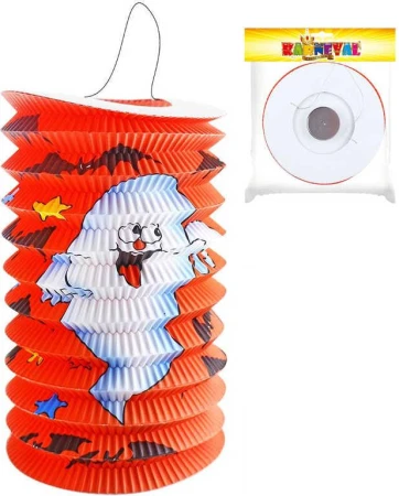 Lampión oválný červený Halloween duch papírový 15cm na svíčku Lampión oválný červený Halloween duch papírový 15cm na svíčku
