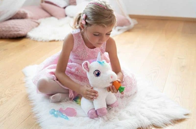 Mac Toys PLYŠ Interaktivní kouzelný jednorožec 25cm na baterie Světlo Zvuk