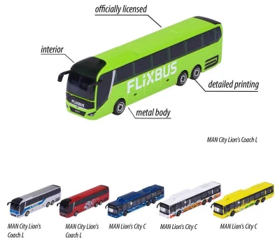 Majorette Autobus MAN City kovový volný chod 2 druhy 3 barvy