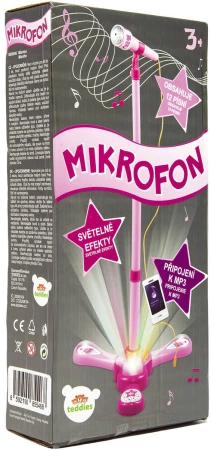 Mikrofon dětský Karaoke růžový se stojanem na baterie Světlo Zvuk MP3