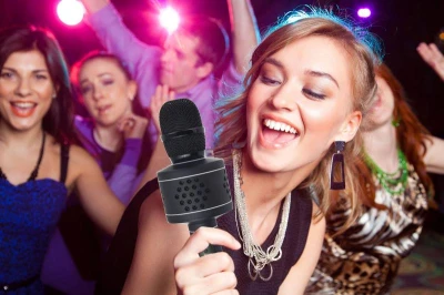 Mikrofon Karaoke Bluetooth černý bezdrátový na baterie USB kabel v krabici