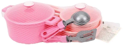 Nádobí baby dětské růžové set 2 hrnce s pánví a doplňky plast