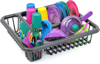 Nádobí dětské barevné kuchyňský set s odkapávačem a houbičkou plast Nádobí dětské barevné kuchyňský set s odkapávačem a houbičkou plast
